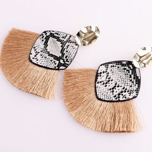Faux snakeskin fringe statement drop earrings